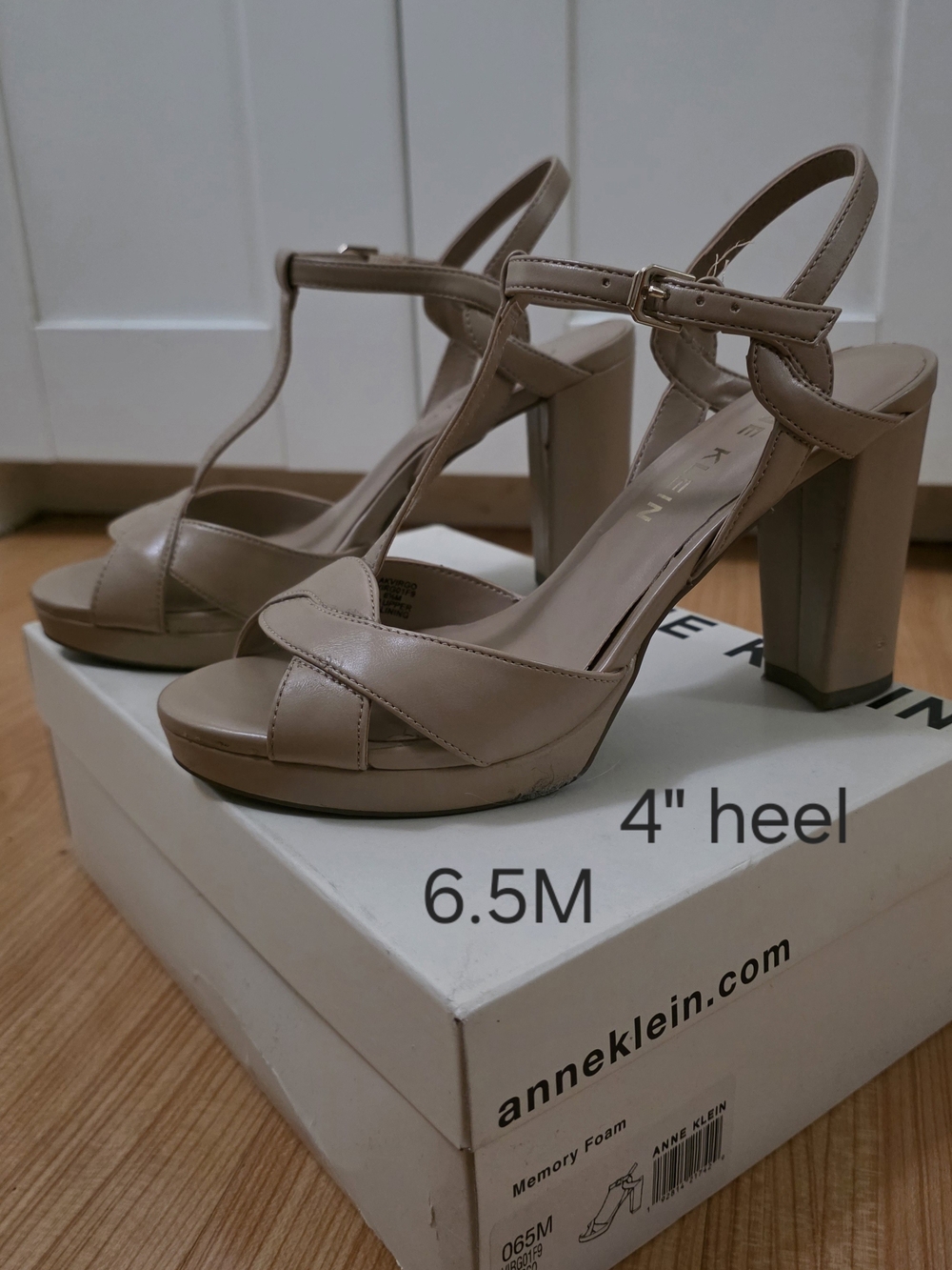 Anne Klein Taupe Leather T-Strap Block Heel Sandals